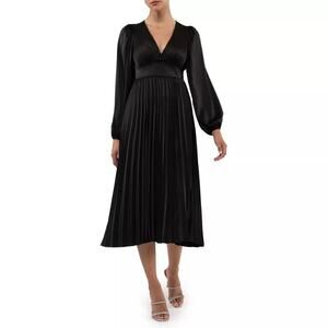 August Sky Dress Empire Waist Pleated Long Sleeve Satin Midi Black NWT Medium